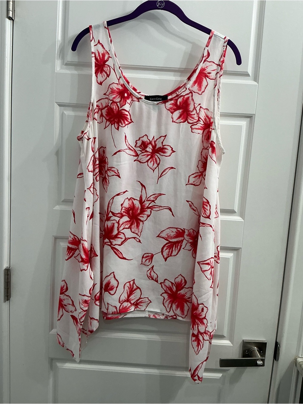 Karen Kane White Tank with Red Floral Overlay